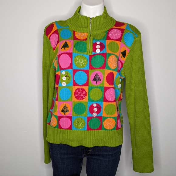 Vintage Sweaters - Vintage Belle Pointe Green Red Blue Orange Christmas Holiday Cardigan Sweater M
